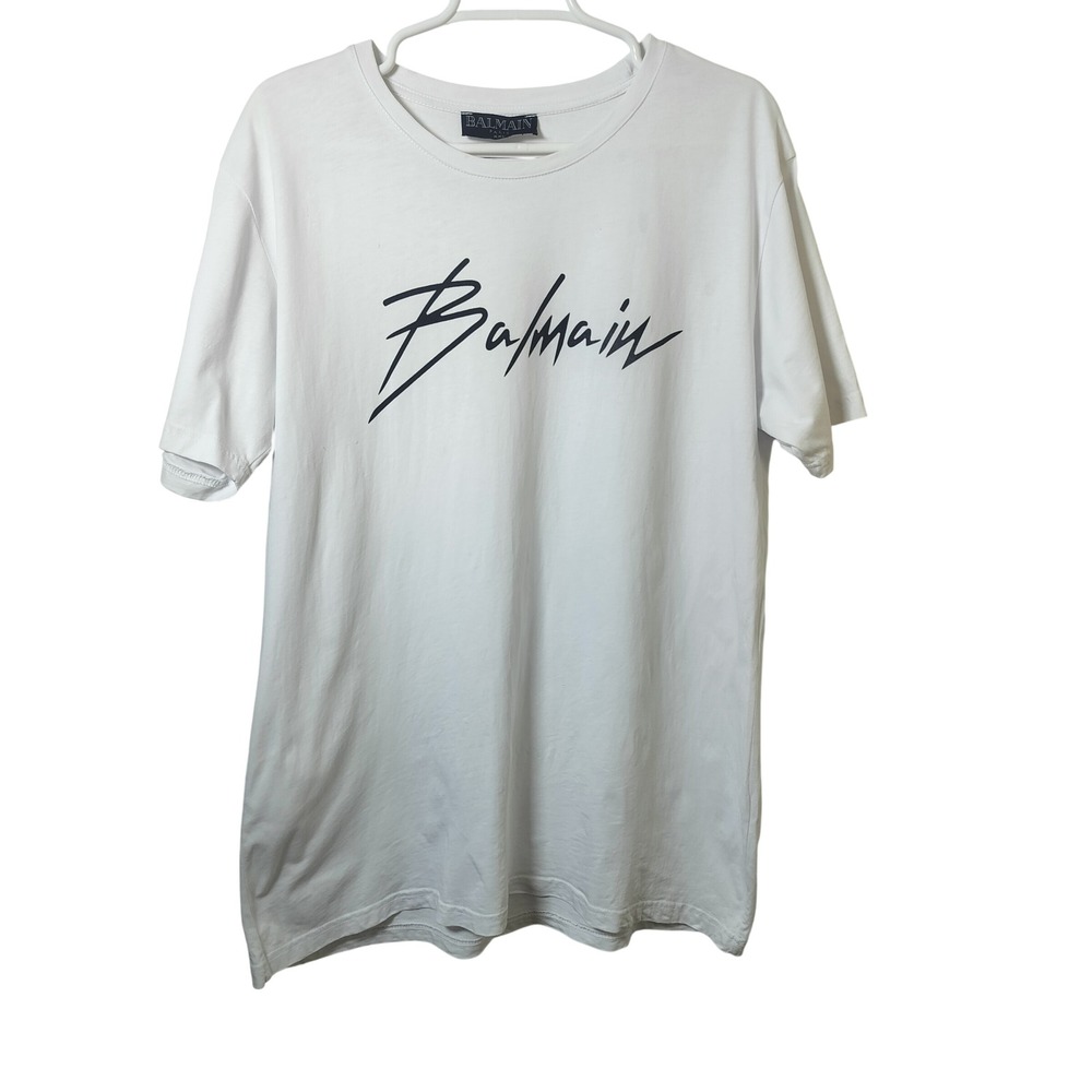 Balmain Paris Logo T-Shirt White Black Script Graphic XXL‎ Made in France